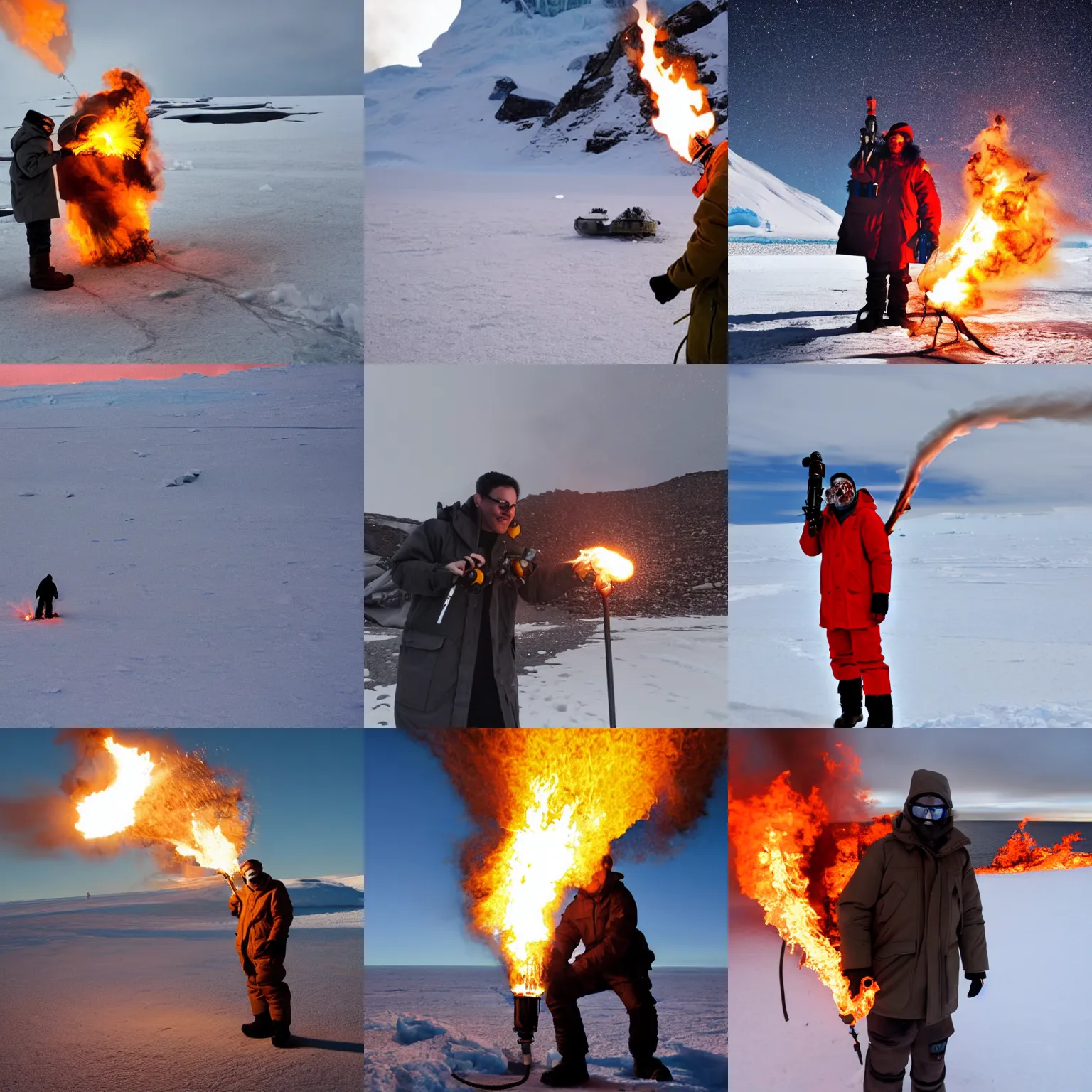 Prompt: man in parka with flamethrower in Antarctica