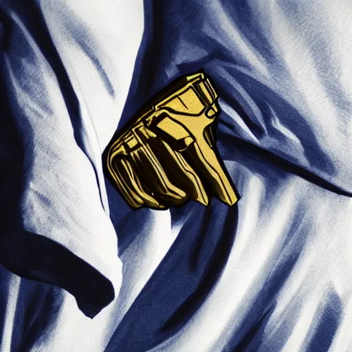 Prompt: an empty cloak with one hand holding a handgun coming out of it, photorealistic, golden hour