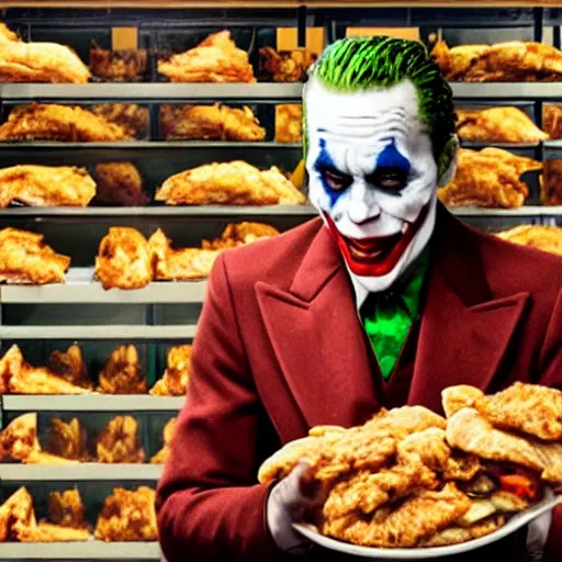 Image similar to cinematic shot of the joker sitting on a gigantic pile of chicken and biscuits in a warehouse, 8 k, very intricate, very detailed,