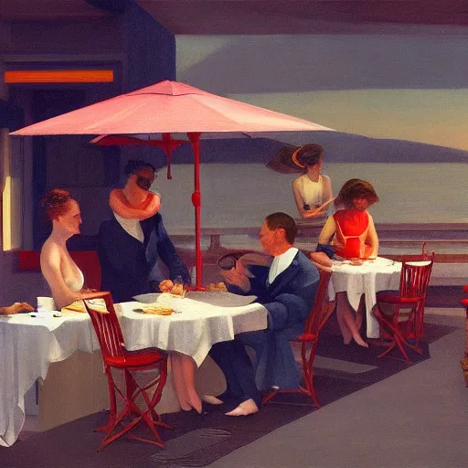 Prompt: Italian aperitivo at the seaside by Edward Hopper, 8k, octane render, detailed digital art