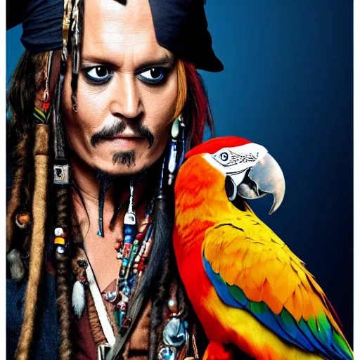 Image similar to johnny depp as jack sparrow with a parrot on the shoulder, realistic portrait, 8k resolution, hyper detailed, studio lighting, cinematic