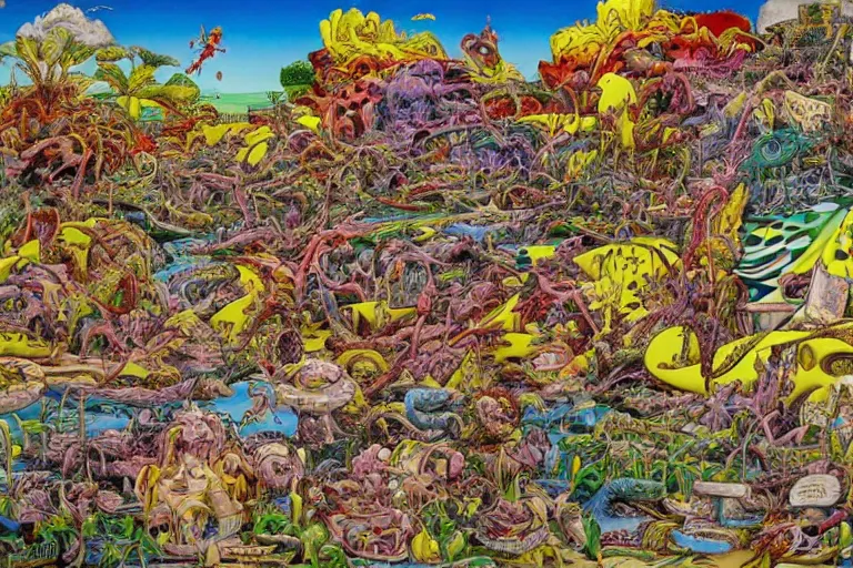 Prompt: landscape by rotella mimmo, kenny scharf, jacek yerka, peter bagge, simon bisley, artur bordalo, judy chicago, geof darrow