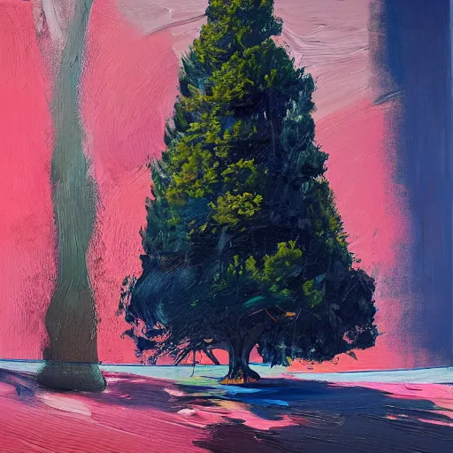 Prompt: _ in _ these _ paintings _ we _ see _ a _ big and tall _ woman in a busy void space with a tree, 8 k, realistic, in the style of ben quilty, edward hooper, minimal pink palette, medium shot, studio light, thick oil paint with brushstrokes of paint, impasto, bright, happy detailed,
