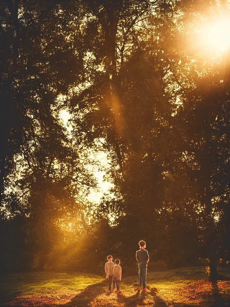 Image similar to a boy and a girl side by side, posing for a picture, a strong light behind their faces, god rays, nostalgic, night, some trees in the background, old polaroid, dramatic reddish light, atmospheric