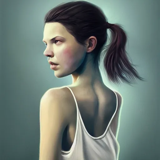 Prompt: a dark haired muscular hannah murray in a white tank top. highly detailed portrait, digital painting, sharp focus illustration, artstation hq. intricate, elegant. art by wlop and tooth wu and greg rutkowski and alena aenami and beeple, medium shot, green iridescent
