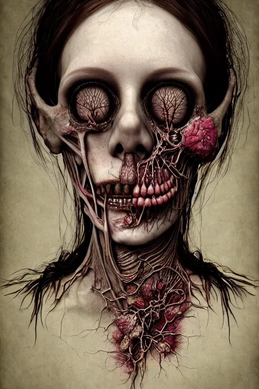 Image similar to very sad and detailed rotten woman corpse with fractal ornate growing around her face muscles, veins, arteries, bones, anatomical, skull, eye, ears, intricate, surreal, ray caesar, john constable, guy denning, dan hillier