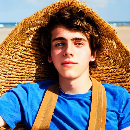 Image similar to beautiful teenage boy, around 22 yo, natural brown hair sitting on a deckchair on the beach facing the camera. Detailed face, blue sky. Award winning photograph.