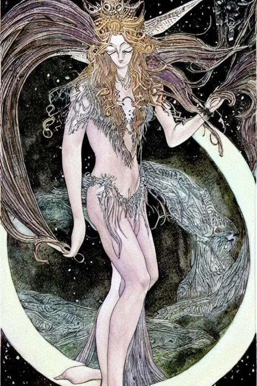 Prompt: moth princess woman howling at the moon with wild hair, art by luis royo and walter crane and kay nielsen, watercolor illustration,