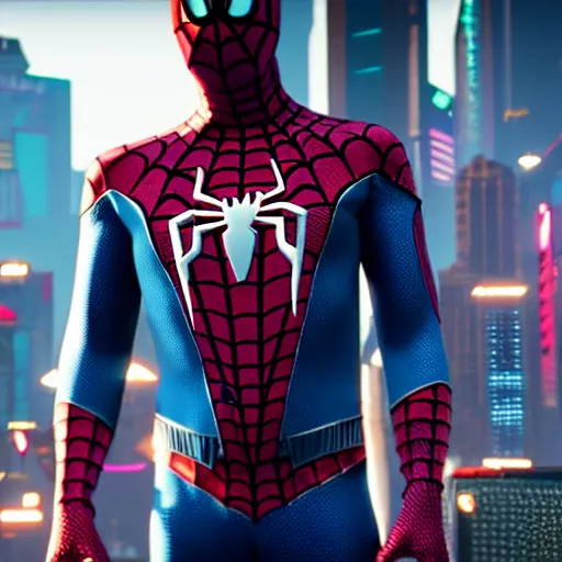 Image similar to futuristic spiderman ps 4 suit in cyberpunk 2 0 7 7, cyberpunk style spiderman, fantasy, d & d, elegant