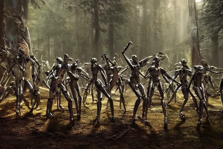 Image similar to 1 0 0 0 0 humanoid robots fighting in the forest, hyper realistic, ambient lighting, concept art, intricate, hyper detailed, smooth, dynamic volumetric lighting, octane, raytrace, cinematic, high quality, high resolution, 4 k, cgsociety, rutkowski, gurney, h. r. giger, cylon