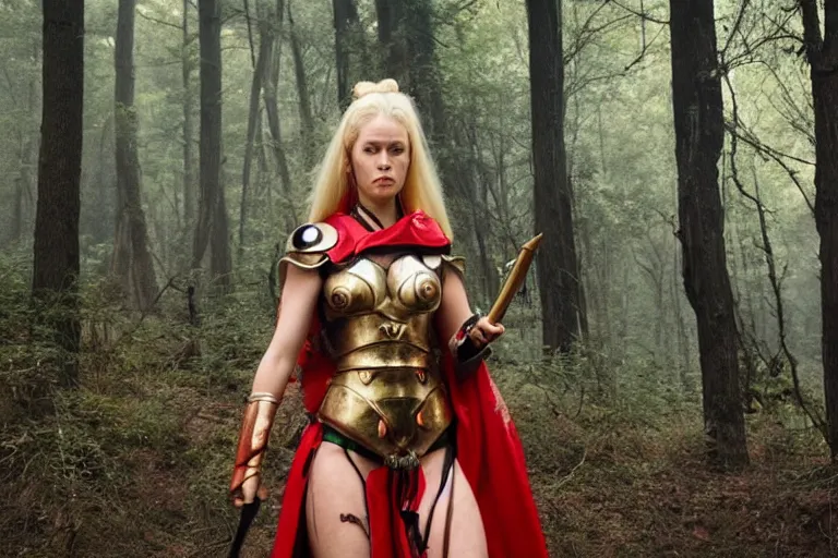 Image similar to vfx movie scene closeup nomad cyborg warrior viking geisha in a smoldering forest. by emmanuel lubezki