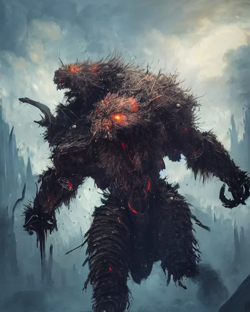 Prompt: oil painting of Angry Anthropomorphized Robot Berserker, wearing fur armor, claws, sharp focus, attack pose, fantasy style, octane render, volumetric lighting, 8k high definition, by greg rutkowski, highly detailed, trending on art Station, magic the gathering artwork, burning Battlefield background, centered