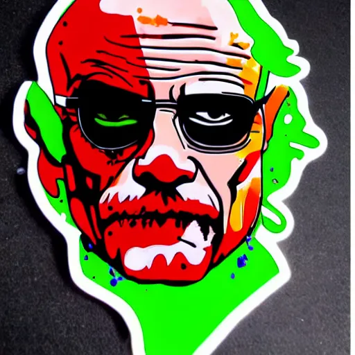 Prompt: die cut sticker, walter white wearing the joker suit, splatter paint