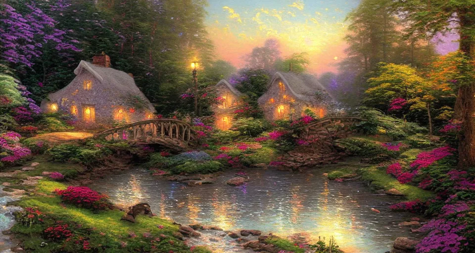 Prompt: a breathtaking painting of a cottage in the woods, a bridge over a river by Thomas kinkade