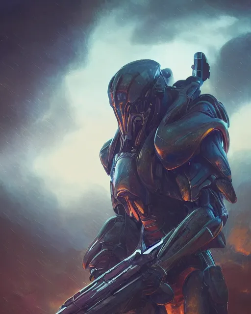 Image similar to oil painting of sci-fi Krogan in thunderstorm, sharp focus, holding sci-fi rifle, magical aura, heroic pose, fantasy style, octane render, volumetric lighting, 8k high definition, by greg rutkowski, highly detailed, trending on art Station, magic the gathering artwork, Spaceship hallway background, centered, horror, sci-fi artwork, demonic