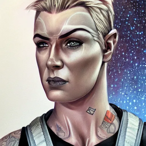 Image similar to character concept art of heroic stoic emotionless butch blond handsome woman space explorer with detailed tribal tattoos, very short slicked - back butch hair, narrow eyes, wearing atompunk jumpsuit, orange safety vest, retrofuture, highly detailed, science fiction, illustration, oil painting, realistic, lifelike, pulp sci fi, cinematic