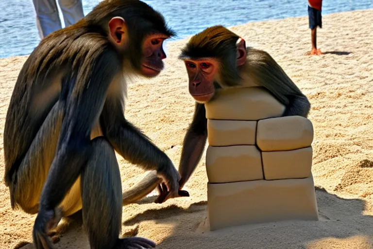 Image similar to a monkey touching a completed sand castle