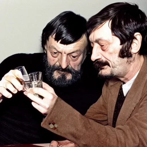 Image similar to andrei tarkovsky and stanley kubrick drinking vodka, realistic