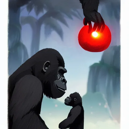 Image similar to gorilla wearing a black shirt, holding a red mushroom, landscape illustration concept art anime key visual trending pixiv fanbox by wlop and greg rutkowski and makoto shinkai and studio ghibli and kyoto animation