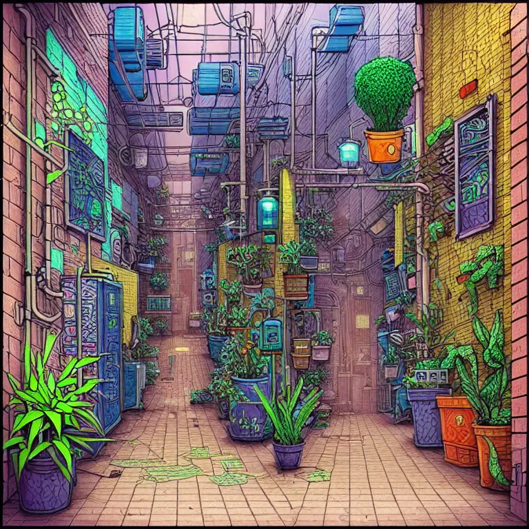 Image similar to an absurdly-detailed cyberpunk alleyway colored-pen drawing as a fancy square tile. Cats and Robots and Potted-Plants.