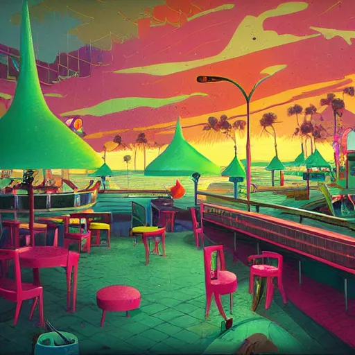 Image similar to psychedelic fast food restaurant near the beach by simon stalenhag