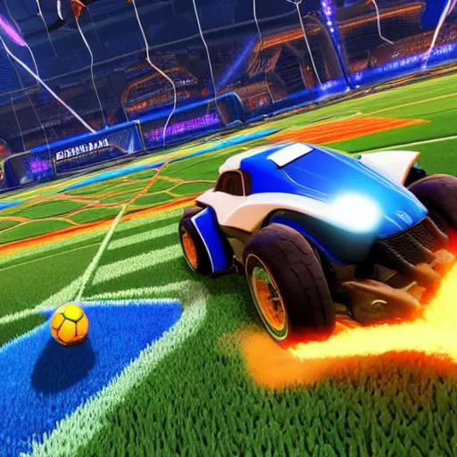 Prompt: in-game screenshot of Rocket League, highly detailed, high quality, HD, 4k, 8k, Canon 300mm, professional photographer, 40mp, lifelike, top-rated, award winning, realistic, sharp, no blur, edited, corrected, trending