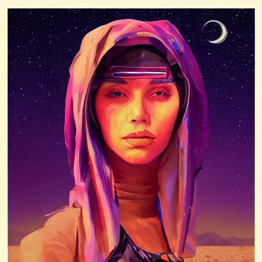 Image similar to colorful character portrait of a woman in the desert at night among the stars, set in the future 2 1 5 0, highly detailed face, very intricate, symmetrical, cinematic lighting, award - winning, painted by mandy jurgens, pan futurism, dystopian, bold colors, dark vibes, cyberpunk, groovy vibe, anime aesthetic, featured on artstation