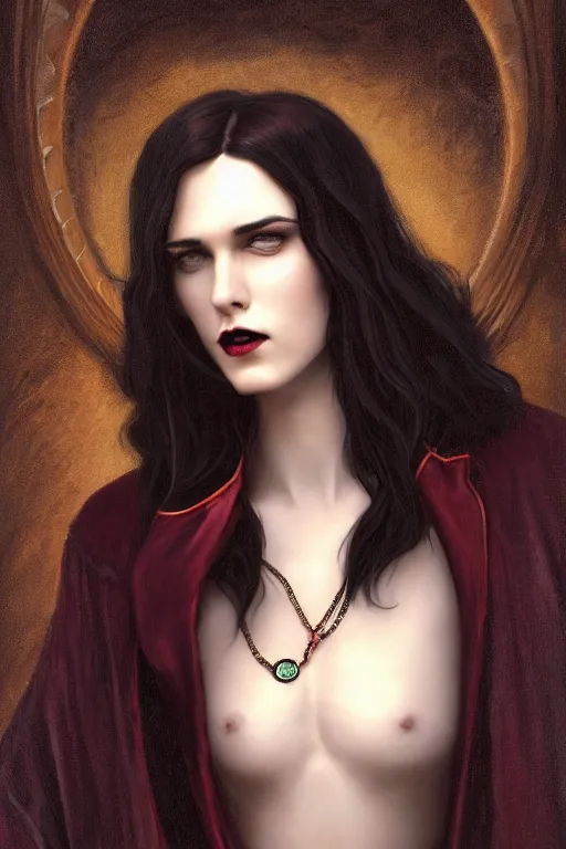 Image similar to a beautiful androgynous man, long thick dark hair, deep brown eyes, vampire, dressed in velvet, wearing a ruby pendant, illustration, dramatic lighting, soft details, painting oil on canvas, art nouveau, octane render, HDR, 4k, 8k, HD, by Edmund Blair Leighton, Brom, Charlie Bowater, faces by otto schmidt