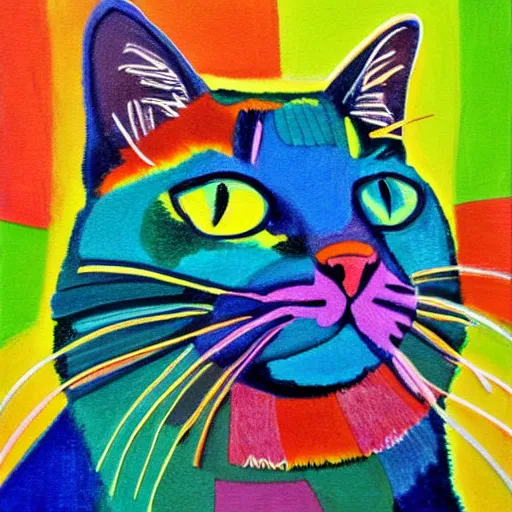Prompt: colorful cat portrait in the style of laurel burch
