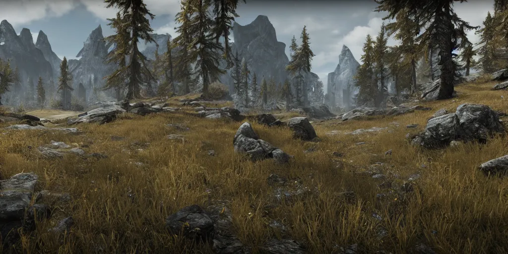 Prompt: a landscape of skyrim, unreal engine 5, photorealism