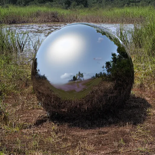 Image similar to a large metallic ball with a mirror finish sits in the florida everglades covered in mud, photorealistic