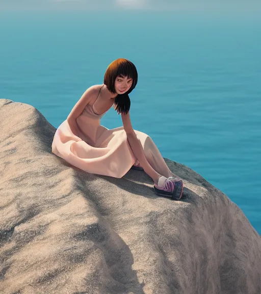 Image similar to a girl wearing a skirt sitting on a cliff overlooking a beach. intricate artwork by Tooth Wu and wlop and beeple. octane render, hyper realism, 8k