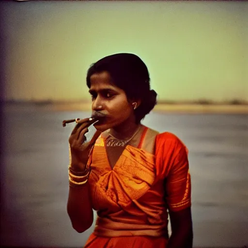 Image similar to portrait of a sri lankan woman smoking cigarette, vintage photo in 8 0's style