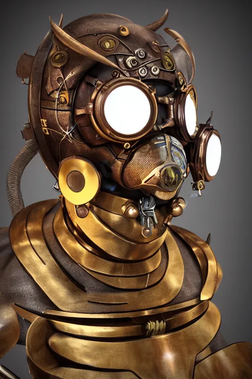 Image similar to steampunk mask minimalist fantasy art robot ninja helmet, global illumination ray tracing hdr fanart arstation by sung choi and eric pfeiffer and gabriel garza and casper konefal radiating a glowing aura