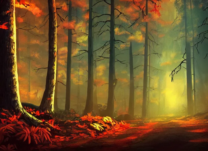 Image similar to gravity falls forest artwork, dramatic theming, mood lighting, unfortunate, hand painted cartoon art style, brutal, autumn, golden sunset, nostalgia, scenic, with text, 8k, award winning, wish you were here, mystical, beautiful, amazing