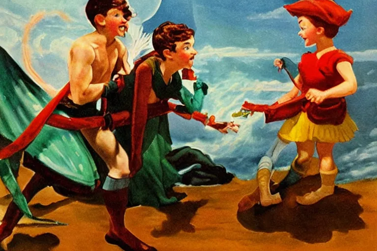 Prompt: a rodney greenblat painting of a scene from in the peter pan ( 1 9 5 3 )