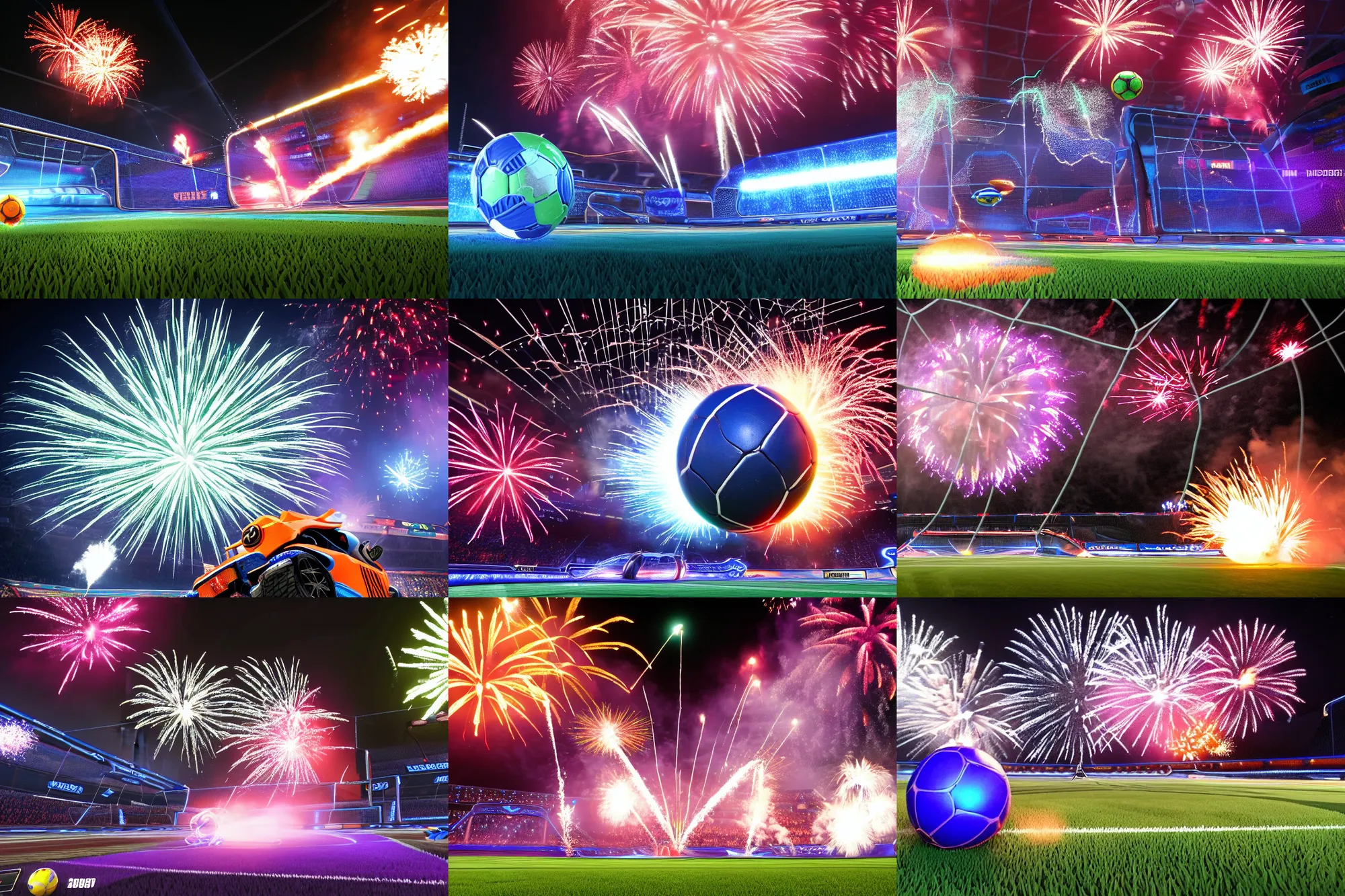 Prompt: rocket league explosion, ball bounce, epic angle, fireworks, 2 0 0 mm