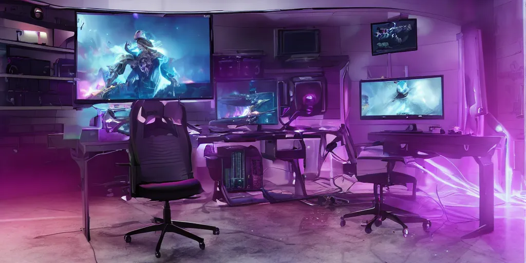 Image similar to gaming PC with name TikTok : YunMP4 on the monitor beside the gaming pc with gaming chair in one room with purple vibe, unreal 5, hyperrealistic, realistic, photorealistic, dynamic lighting, highly detailed, cinematic landscape, studio landscape, studio lighting
