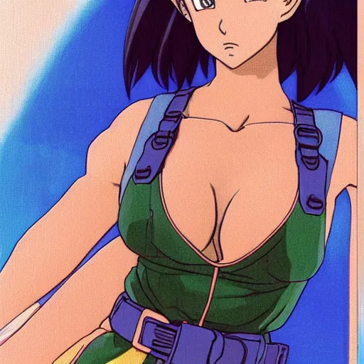 Image similar to a beautiful! boyish! natalie portman bulma from dragonball, alluring gravure! model, wearing hip hop mayan bomber jacket and leotard with native style overalls, bulky poofy bomber jacket with mayan patterns, guilty gear art style, trending on pixiv, painted by makoto shinkai takashi takeuchi studio ghibli, akihiko yoshida