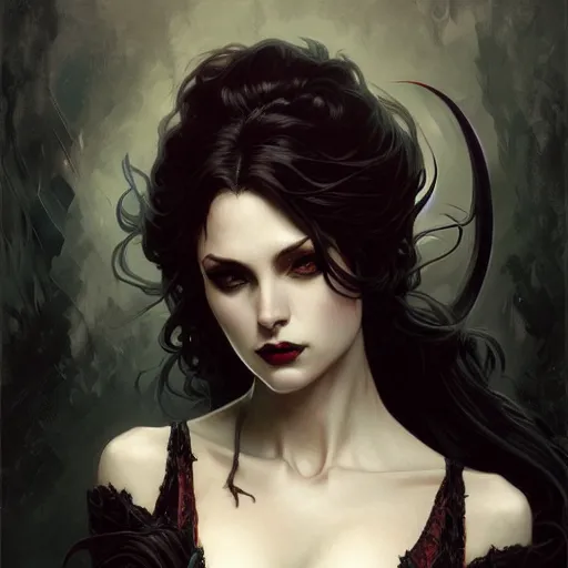 Prompt: elegant victorian vampire, portrait, intricate, elegant, gothic, sensuel, highly detailed, digital painting, artstation, concept art, rough, sharp focus, illustration, art by joe madureire and artgerm and greg rutkowski and alphonse mucha