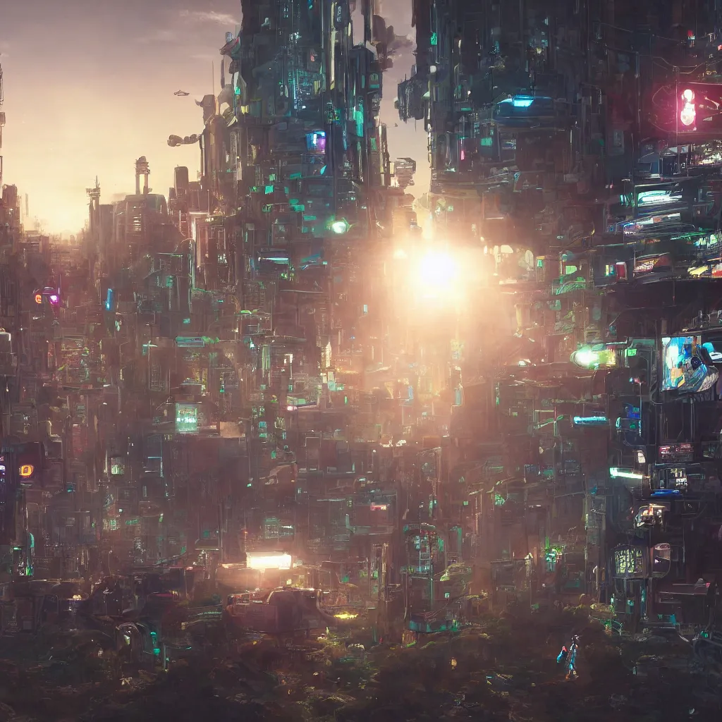 Image similar to a cinematic composition depicting : we're overlooking translucid crystal android being, whos is behind their heads up display viewing out of their window how a high tech lush solarpunk tribe collaborating with their technologic android helpers encroaching a cyberpunk town at sunrise