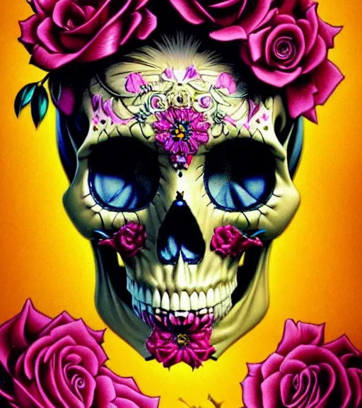 Prompt: a gorgeous fancy skull lady by dan mumford and gil elvgren, highly detailed, sugar skull, hyperrealism, intricate details, exceptional beauty, fool, vector art, attractive, striking, lovely