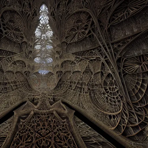 Image similar to a hyperrealistic 3 d render of a huge sprawling fractal cathedral interior populated by mandelbrot fractals by android jones, unreal engine, carved soap, white color scheme, volumetric lighting, octane render, dramatic lighting, glowing, carved marble, opalescent, carved wood, sacred geometry, religious, angelic, catholicpunk, stark, 8 k, ultra detailed