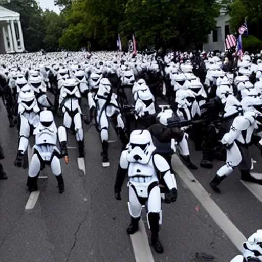 Prompt: a still of hundreds of stormtropers rioting in front of a the white house in washington.!!!, flaming torches and pitchforks