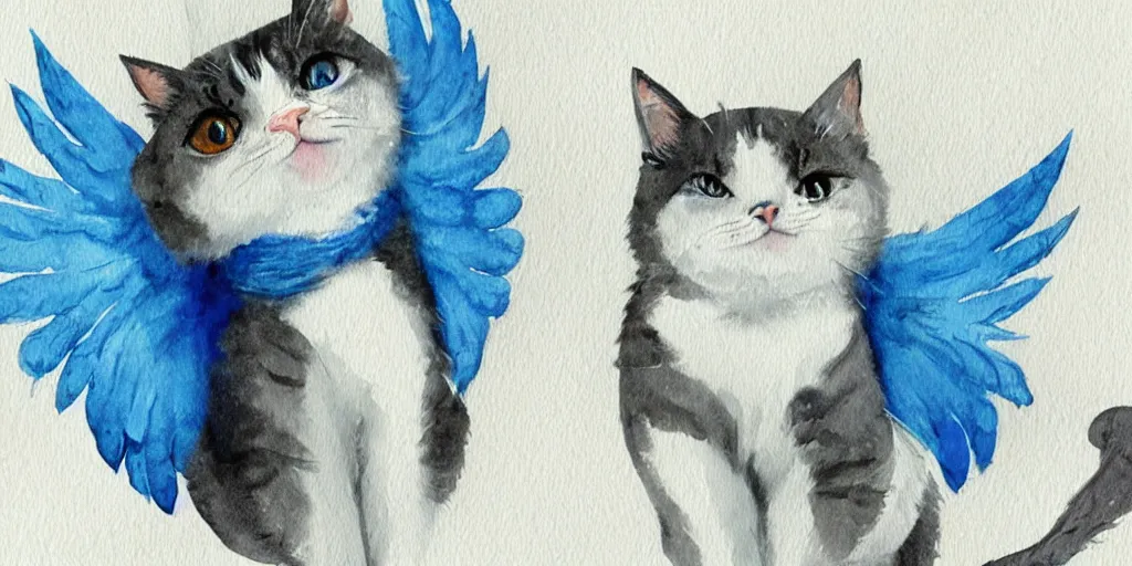 Image similar to watercolor illustration style, cute! cats! with blue wings!!