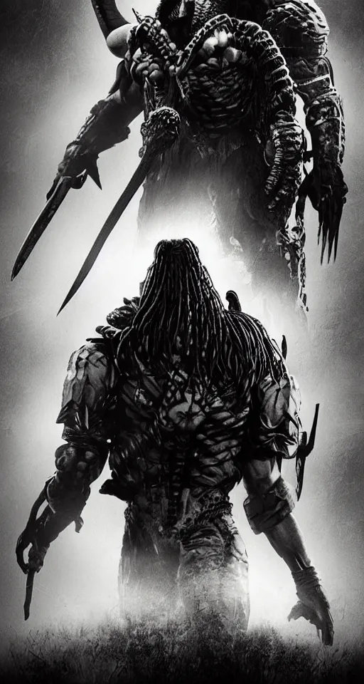 Image similar to movie film poster art for hiroyuki sanada vs predator. in the style of ansel adams, frank frazzetta, realistic, detailed, octane