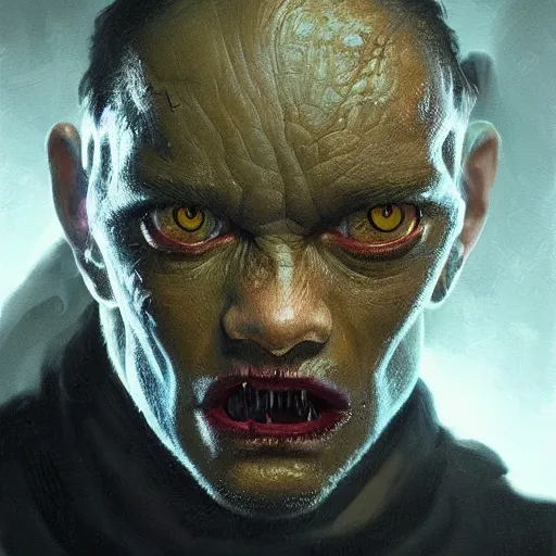 Image similar to a hyper realistic portrait painting of a half lizard half man, glowing eyes, creepy, backlight, horror vibe, real, realistic lighting in the style of greg rutkowski, trending on artstation,