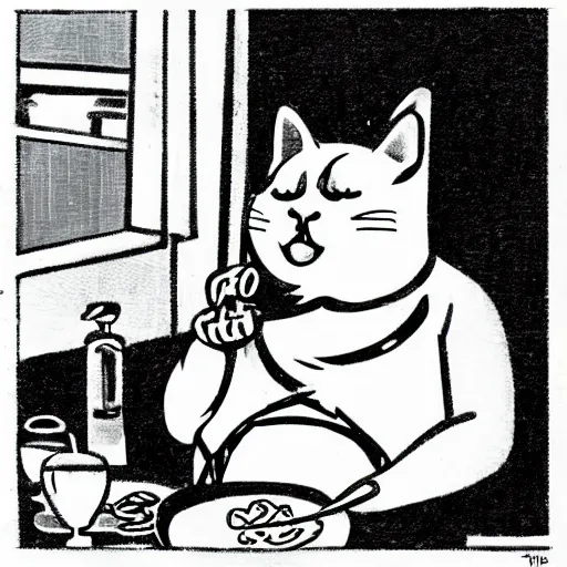 Image similar to fat cat eating noodles on toast, roaring 2 0 s art style