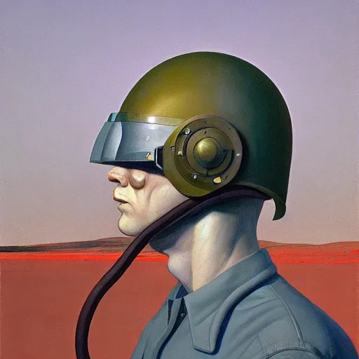 Image similar to Portrait of an engineer with helmet, very coherent, painted by Edward Hopper, Wayne Barlowe, painted by James Gilleard, airbrush, art by JamesJean