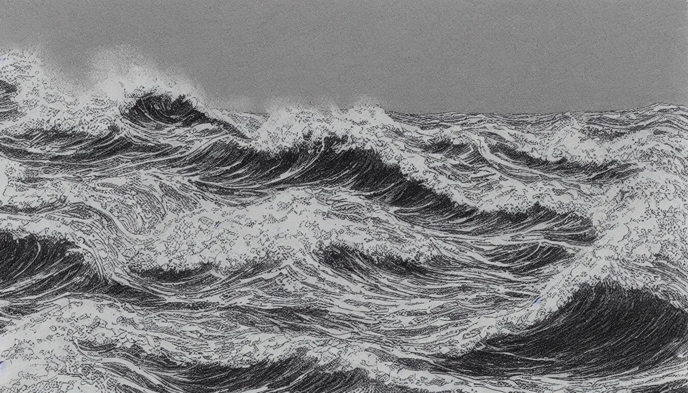 Image similar to huge waves far out at sea drawing by Moebius, minimalist, detailed, black and white drawing